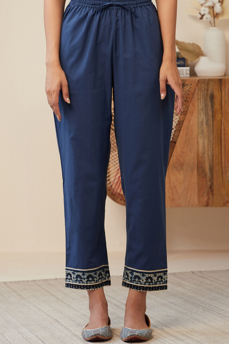 Blue Handcrafted Cotton Narrow Pants