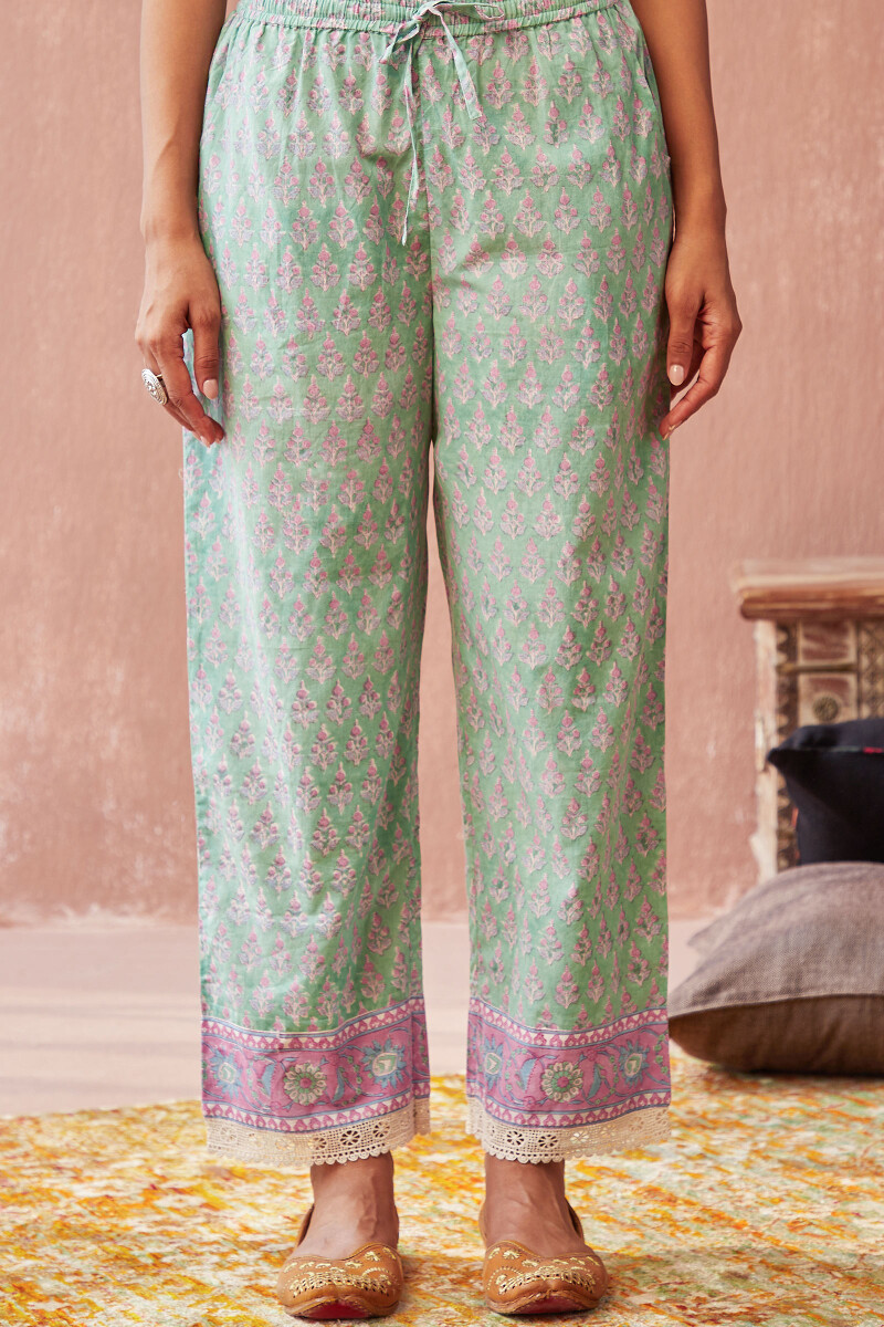 Green Hand Block-Printed Cotton Straight Farsi