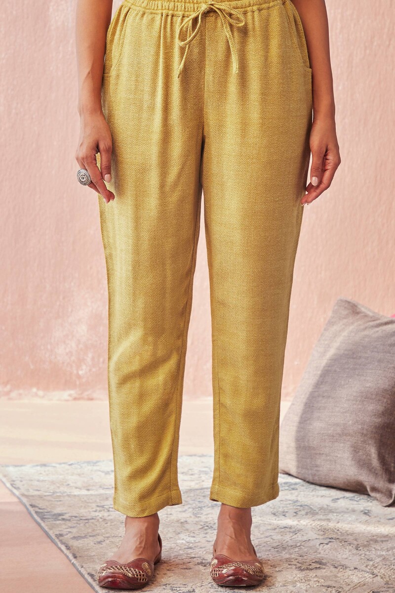 Yellow Handcrafted Faux Wool Narrow Pants
