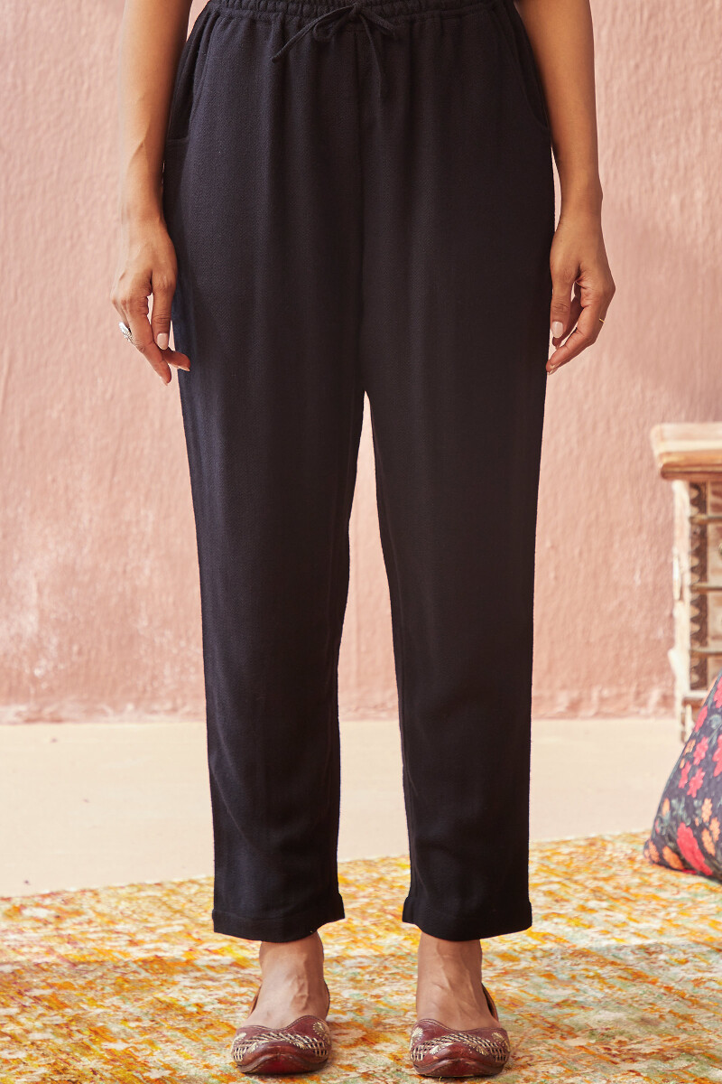 Black Handcrafted Faux Wool Narrow Pants