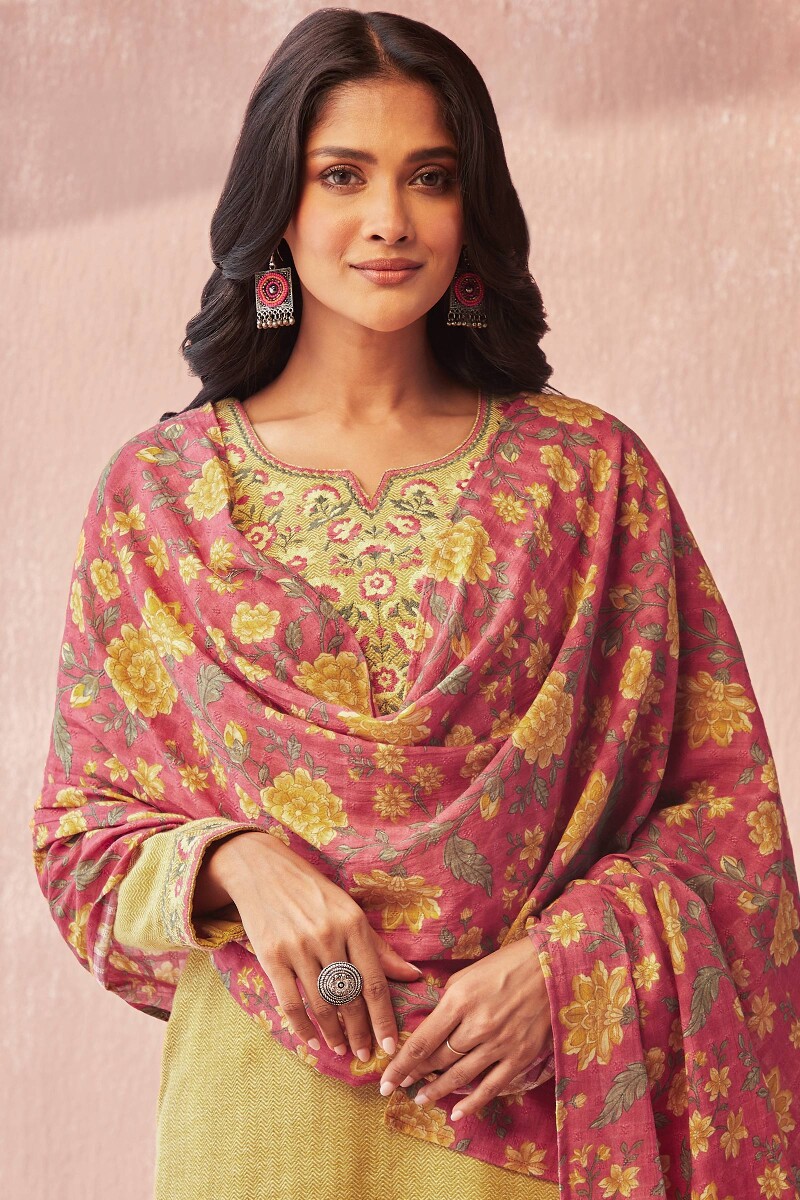Pink Printed Cotton Dobby Dupatta