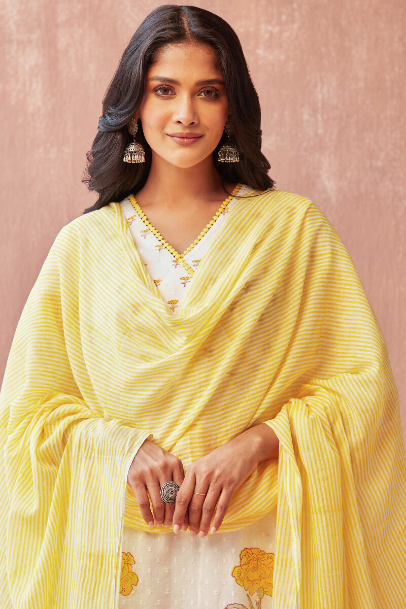 Yellow Hand Block-Printed Cotton Mul Dupatta