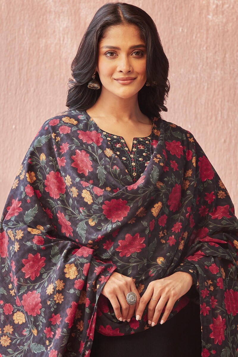 Black Printed Cotton Dobby Dupatta