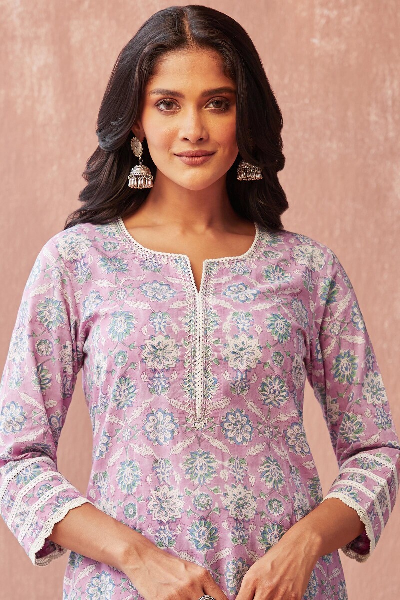 Purple Hand Block-Printed Straight Cotton Kurta