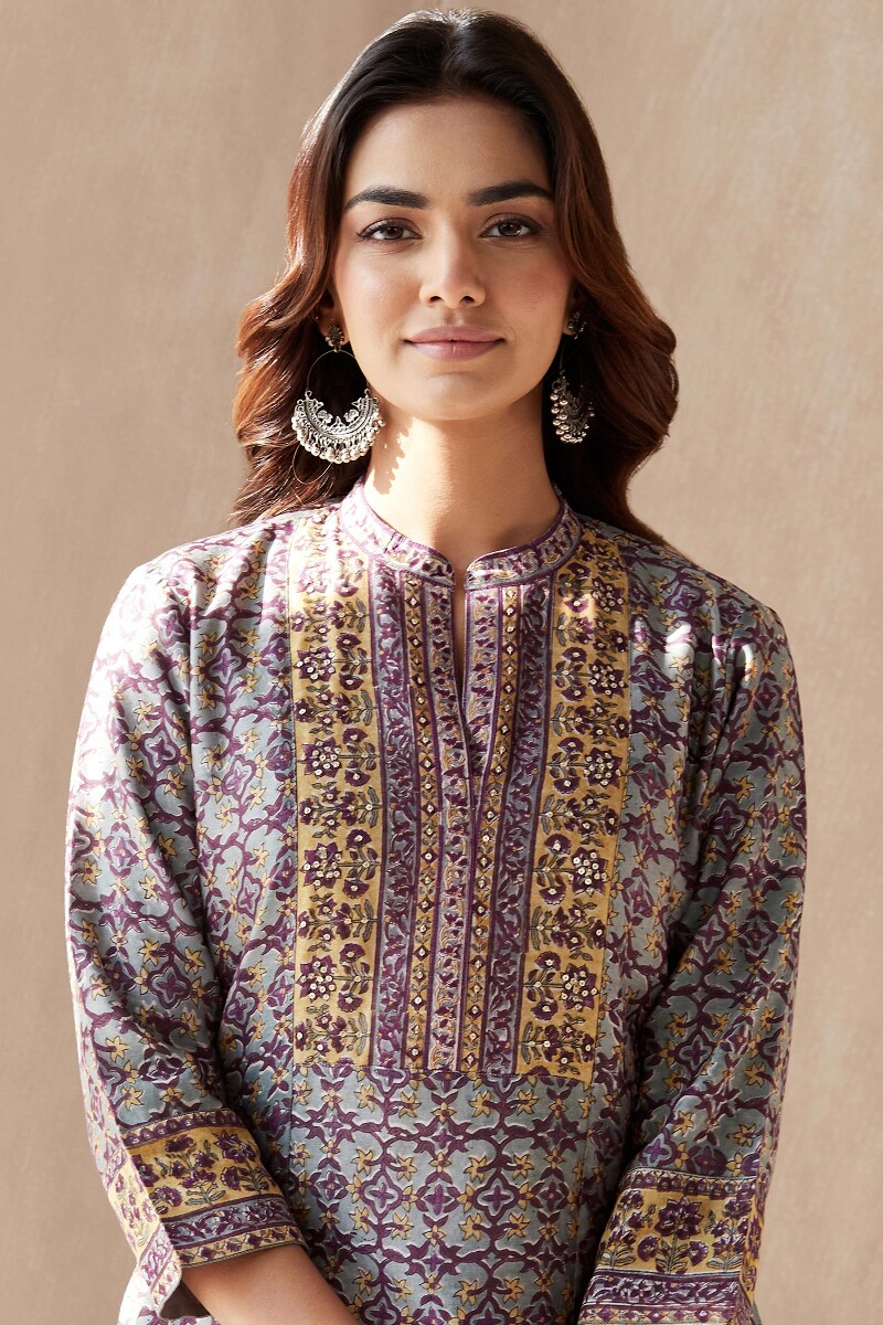 Blue Hand Block-Printed Straight Chanderi Kurta