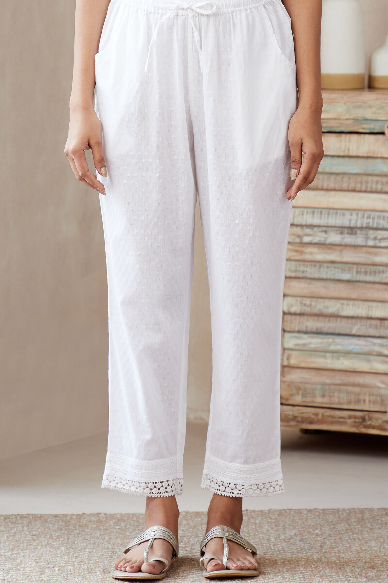 White Handcrafted Cotton Dobby Narrow Pants