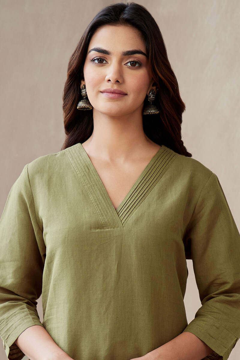 Olive Green Handcrafted Straight Cotton Linen Kurta