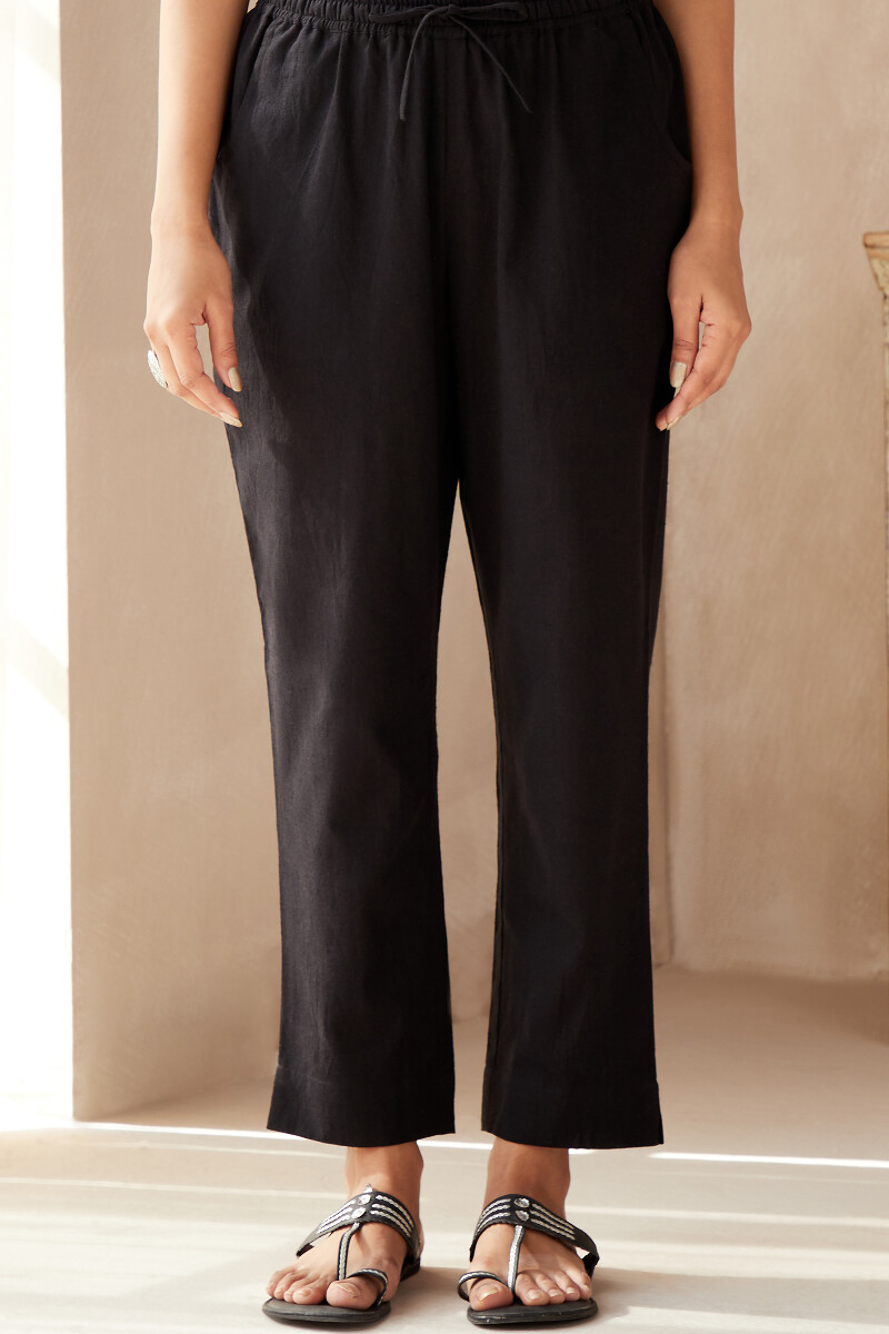 Black Handcrafted Cotton Flax Narrow Pants