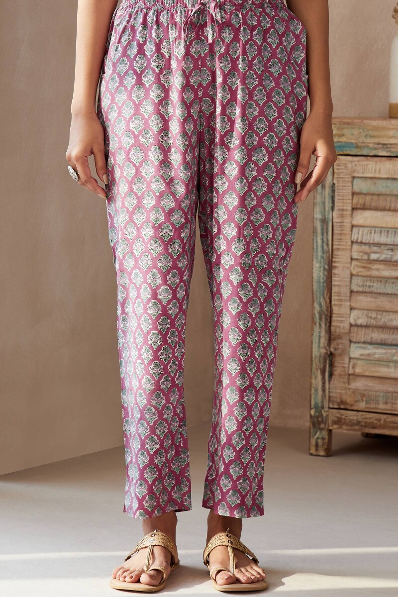 Pink Hand Block-Printed Viscose Narrow Pants