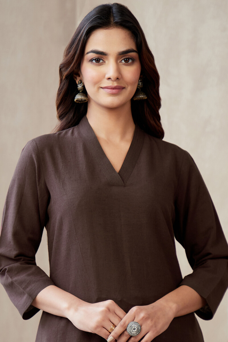 Brown Hand Block-Printed Straight Cotton Linen Kurta