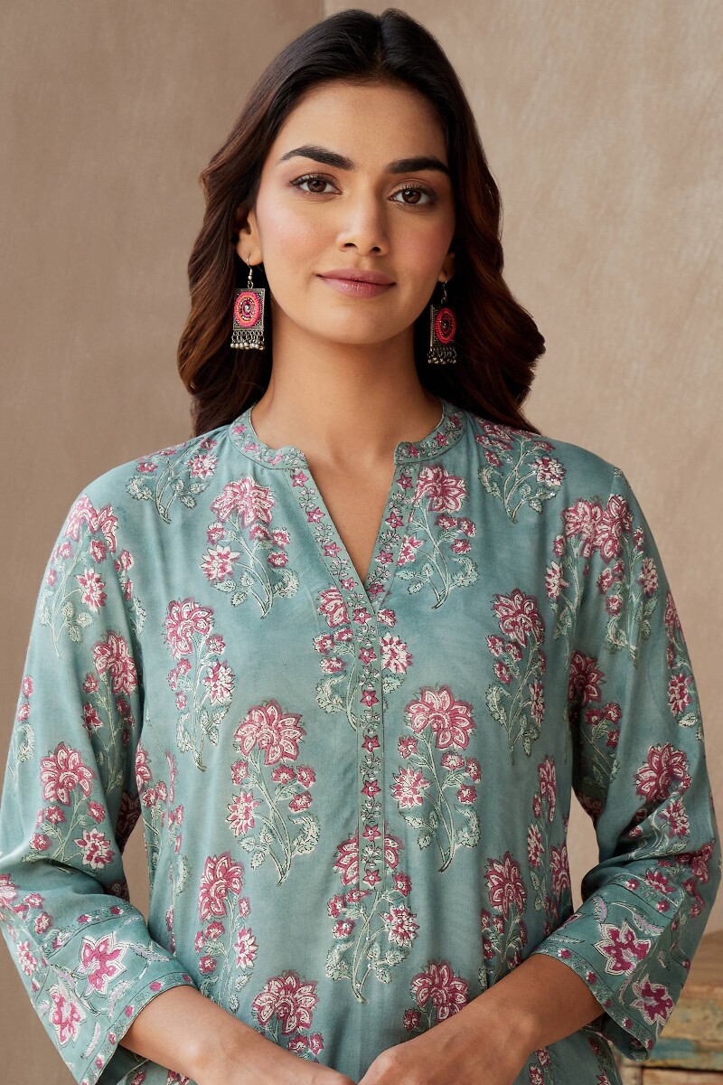Green Hand Block-Printed Straight Viscose Kurta