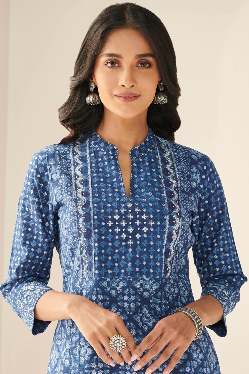 Indigo Hand Block-Printed Straight Cotton Slub Kurta