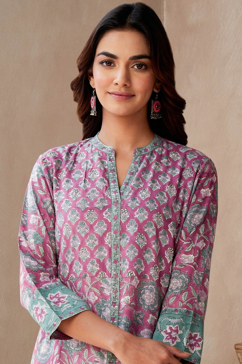 Pink Hand Block-Printed A-Line Viscose Kurta