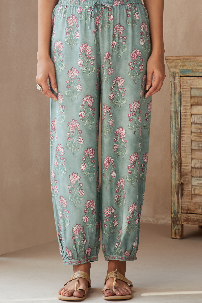 Green Hand Block-Printed Viscose Izhaar Pants