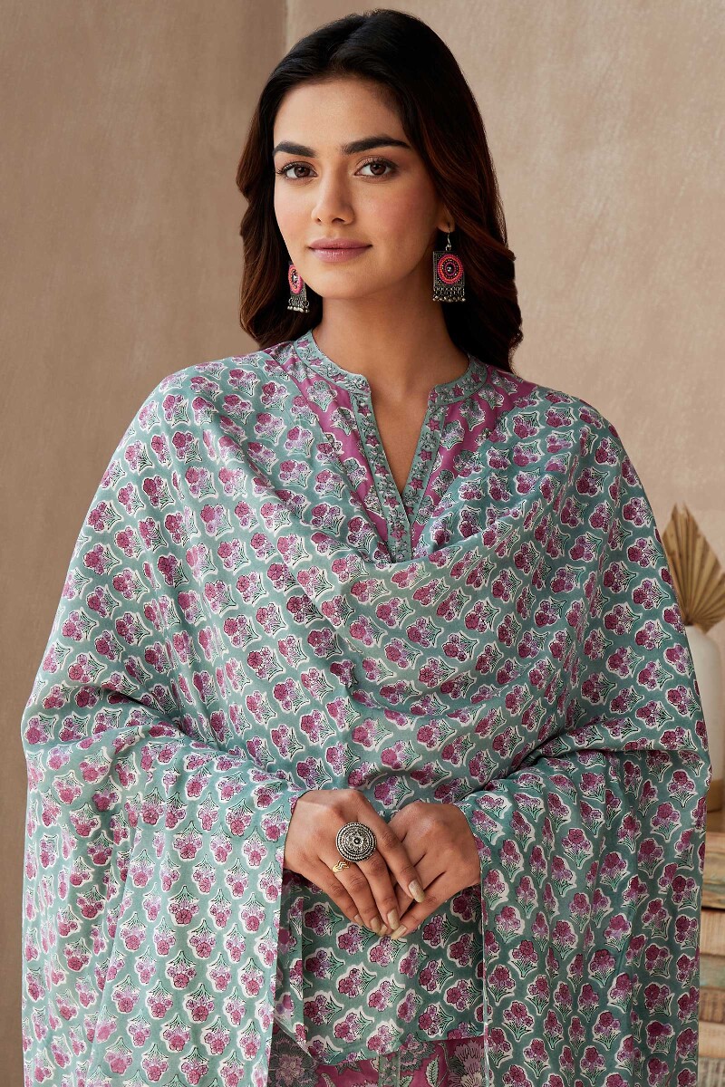 Green Hand Block-Printed Viscose Dupatta