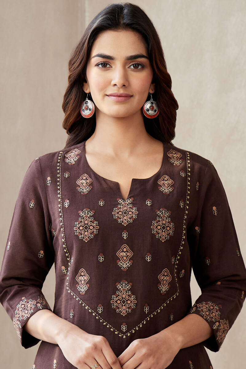 Brown Handcrafted Straight Cotton Linen Kurta