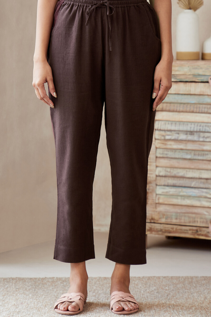 Brown Handcrafted Cotton Linen Narrow Pants
