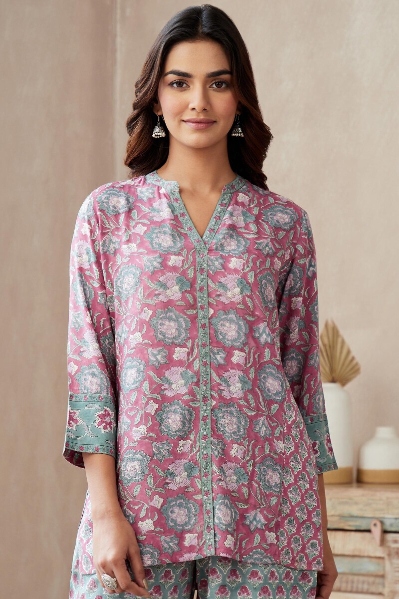 Pink Hand Block-Printed Viscose Loungewear Set