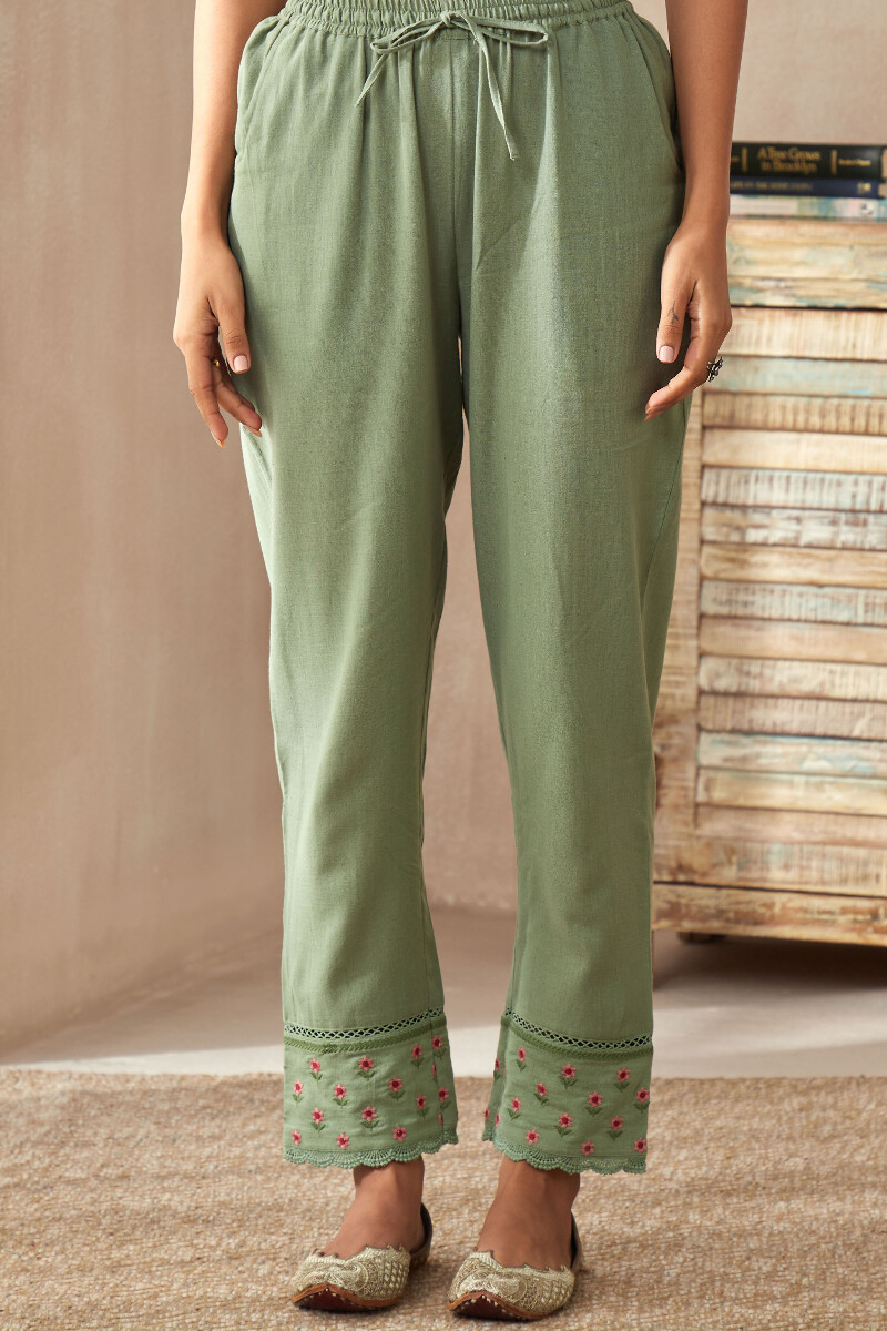Green Handcrafted Cotton Narrow Pants