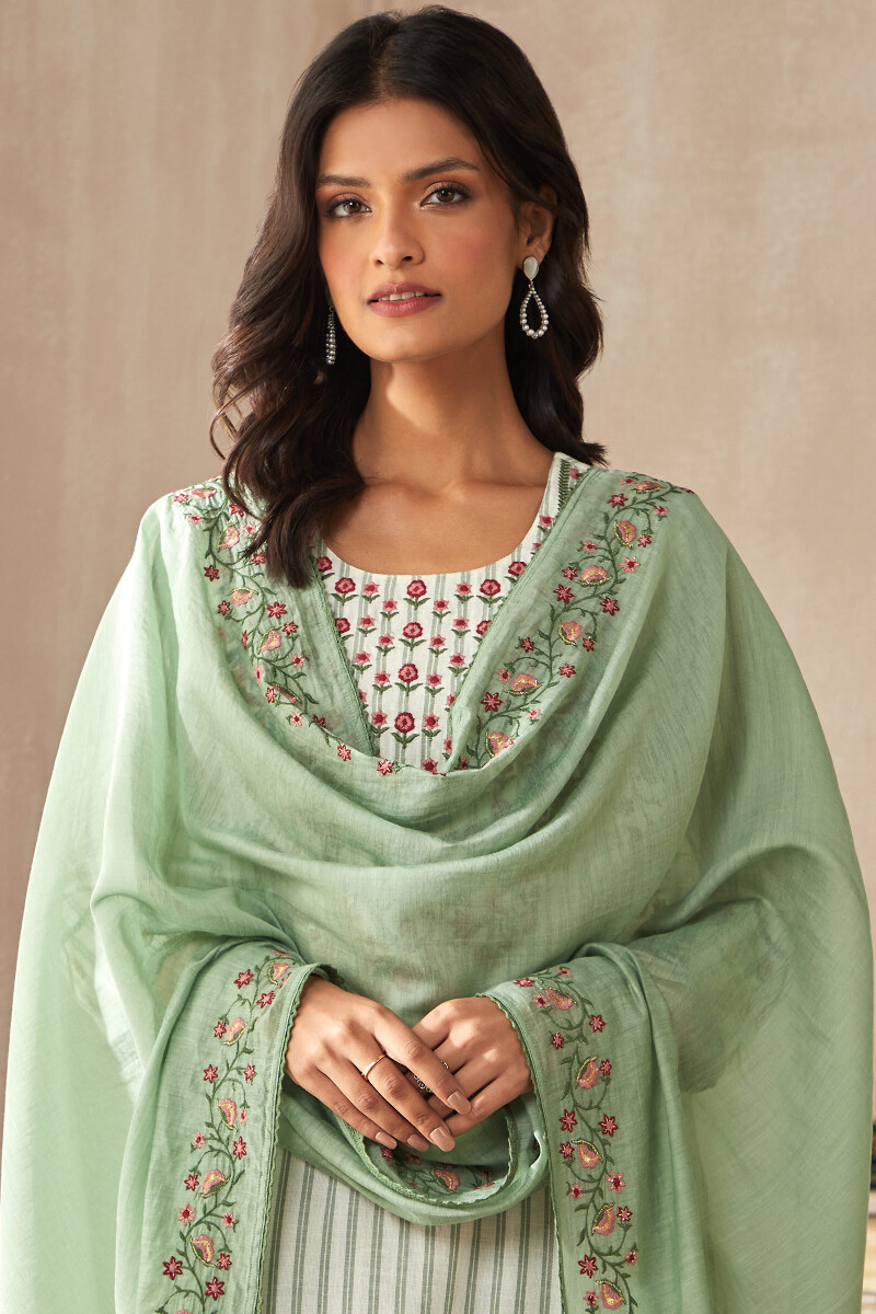 Green Handcrafted Cotton Silk Dupatta