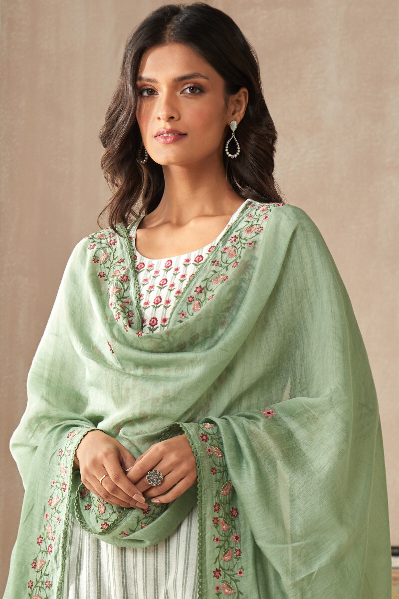 Green Handcrafted Cotton Silk Dupatta