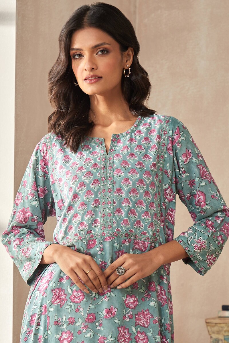 Green Hand Block-Printed Viscose Kaftan