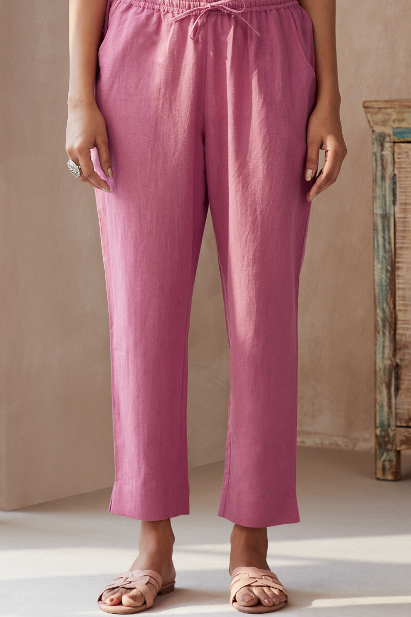 Pink Handcrafted Cotton Linen Narrow Pants