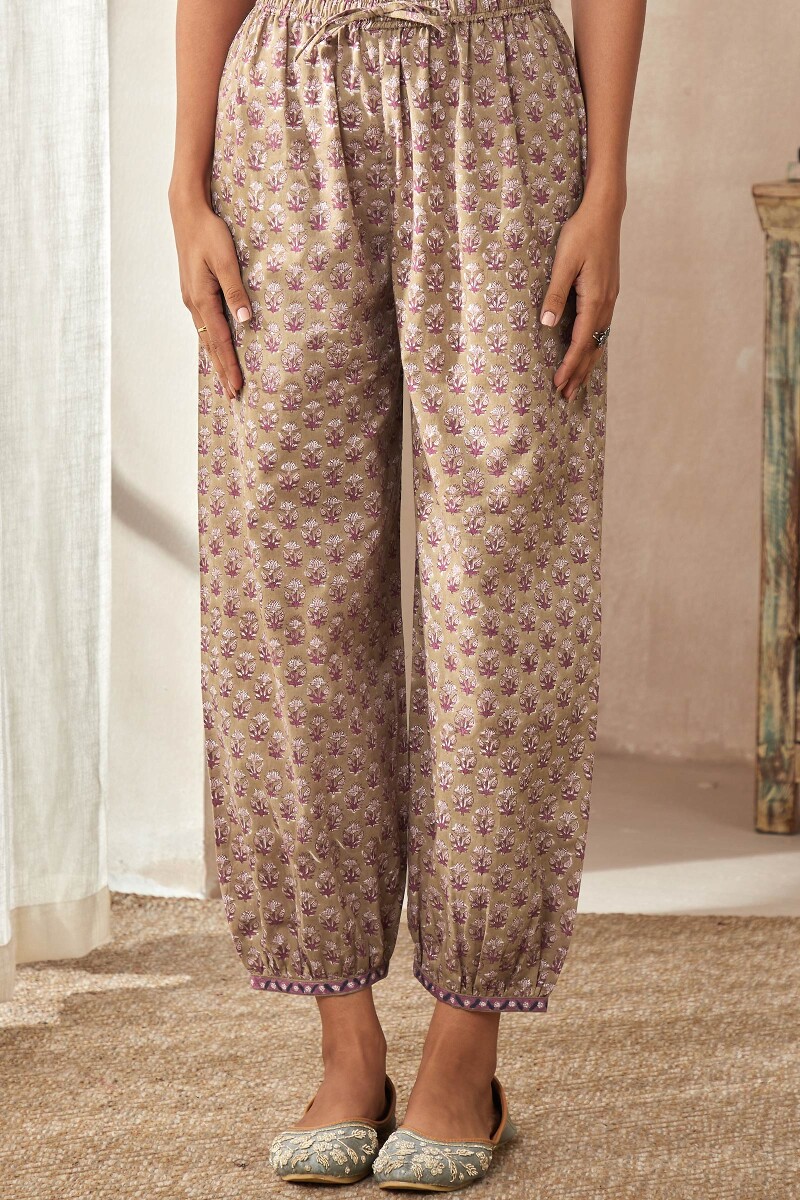 Olive Green Hand Block-Printed Cotton Izhaar Pants