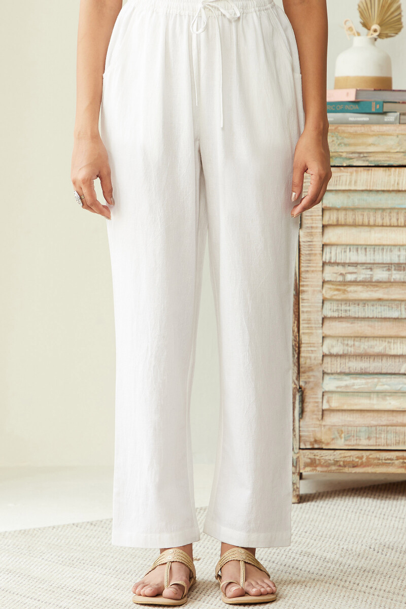 White Handcrafted Cotton Flax Pants