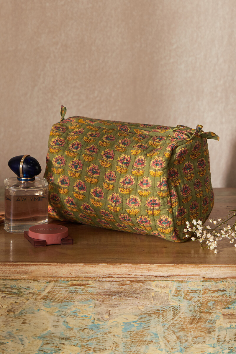 Green Hand Block-Printed Cotton Vanity Pouch