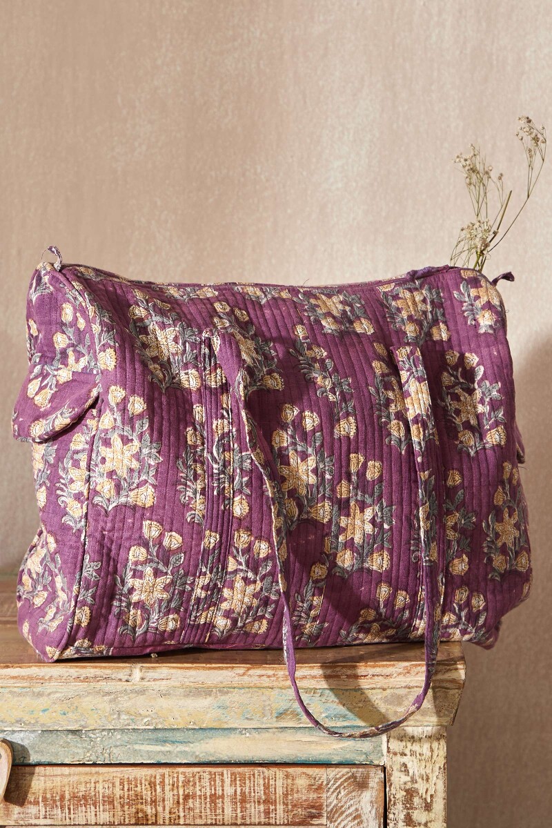 Purple Hand Block-Printed Cotton Slub Duffel Bag