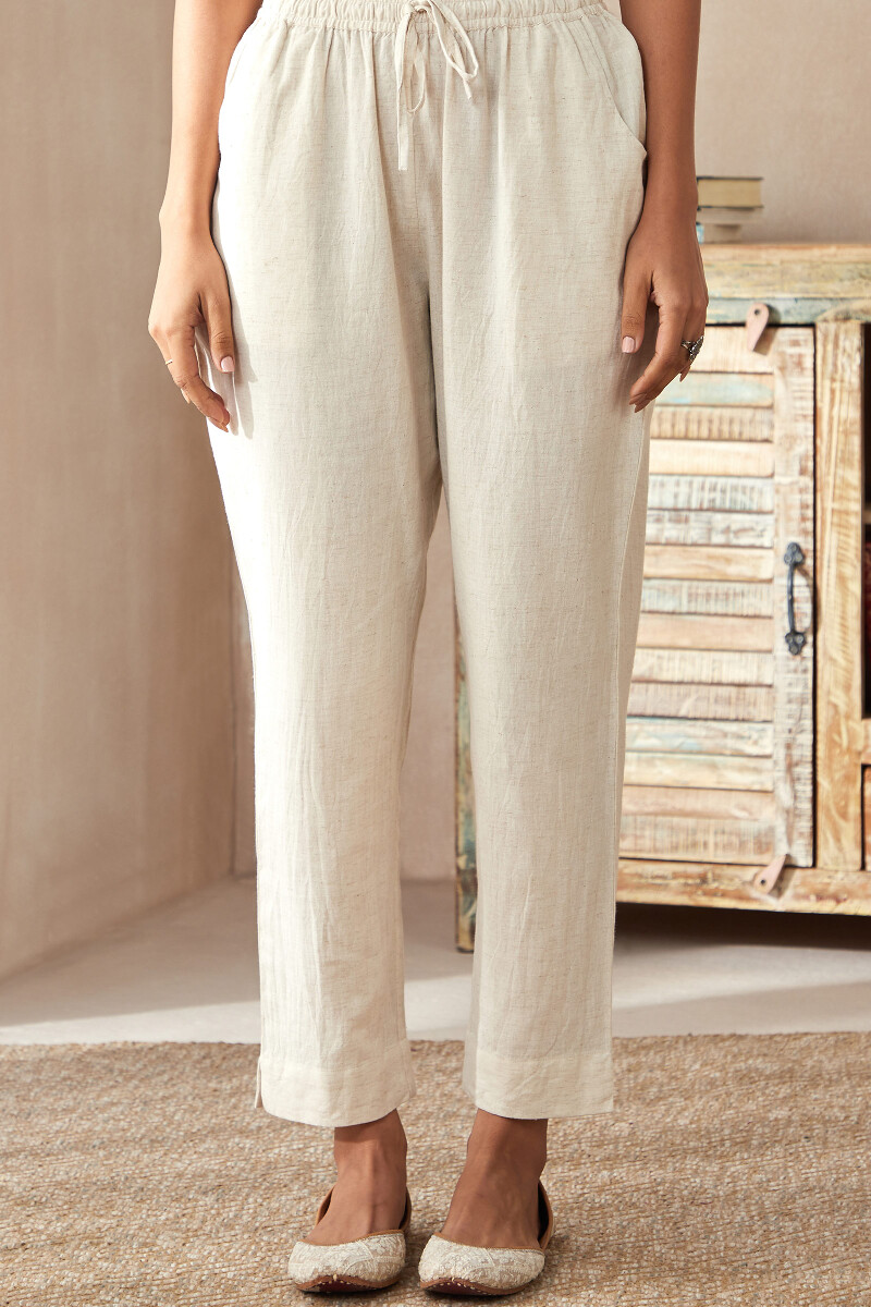 Off-White Handcrafted Cotton Flax Narrow Pants