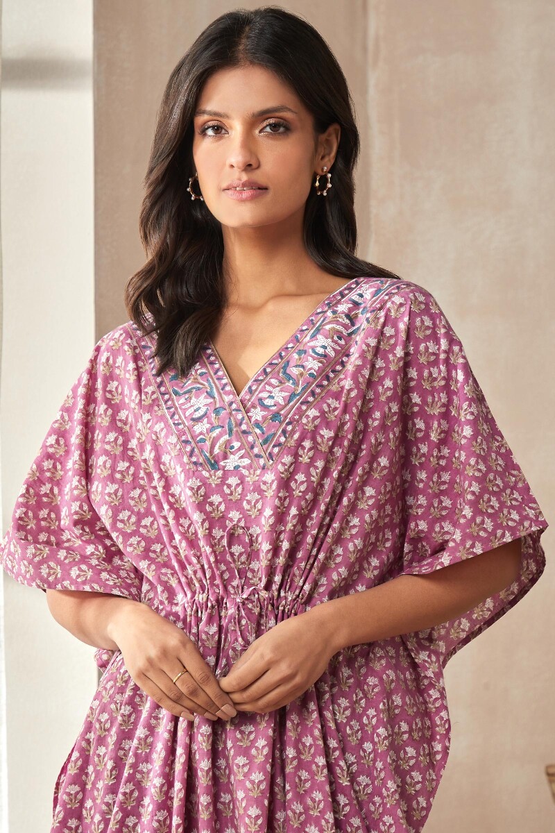 Purple Hand Block-Printed Cotton Kaftan