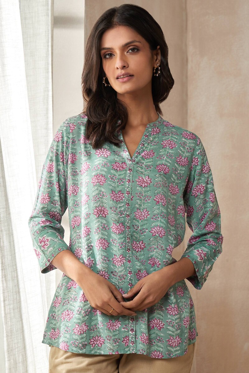 Green Hand Block-Printed Viscose Top
