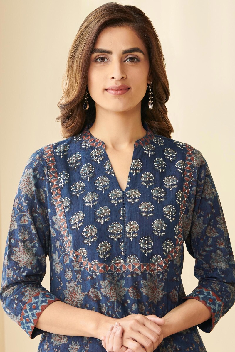 Akola Hand Block-Printed Straight Cotton Dobby Kurta