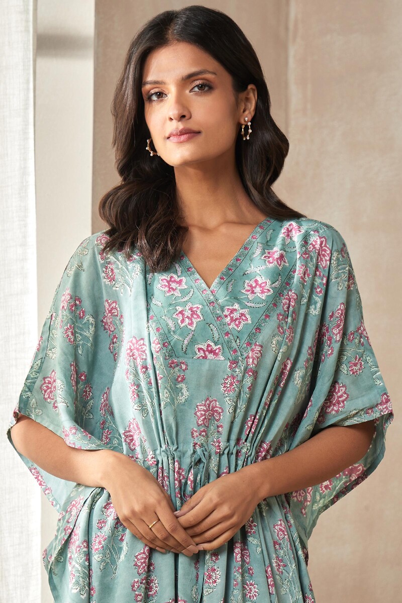 Green Hand Block-Printed Viscose Kaftan