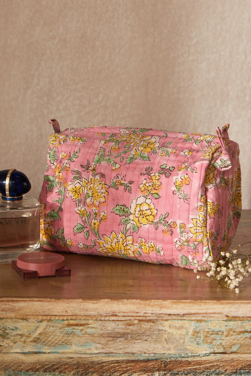 Pink Hand Block-Printed Cotton Vanity Pouch