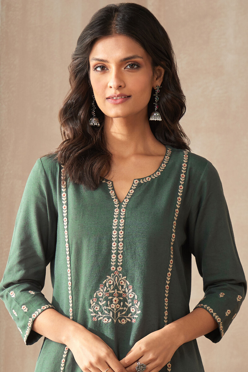 Green Handcrafted Straight Cotton Flax Kurta