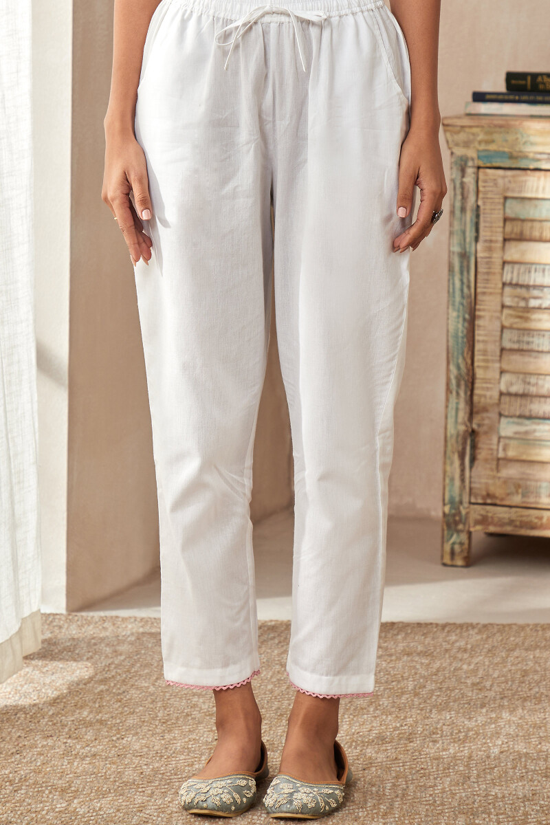 White Handcrafted Cotton Narrow Pants