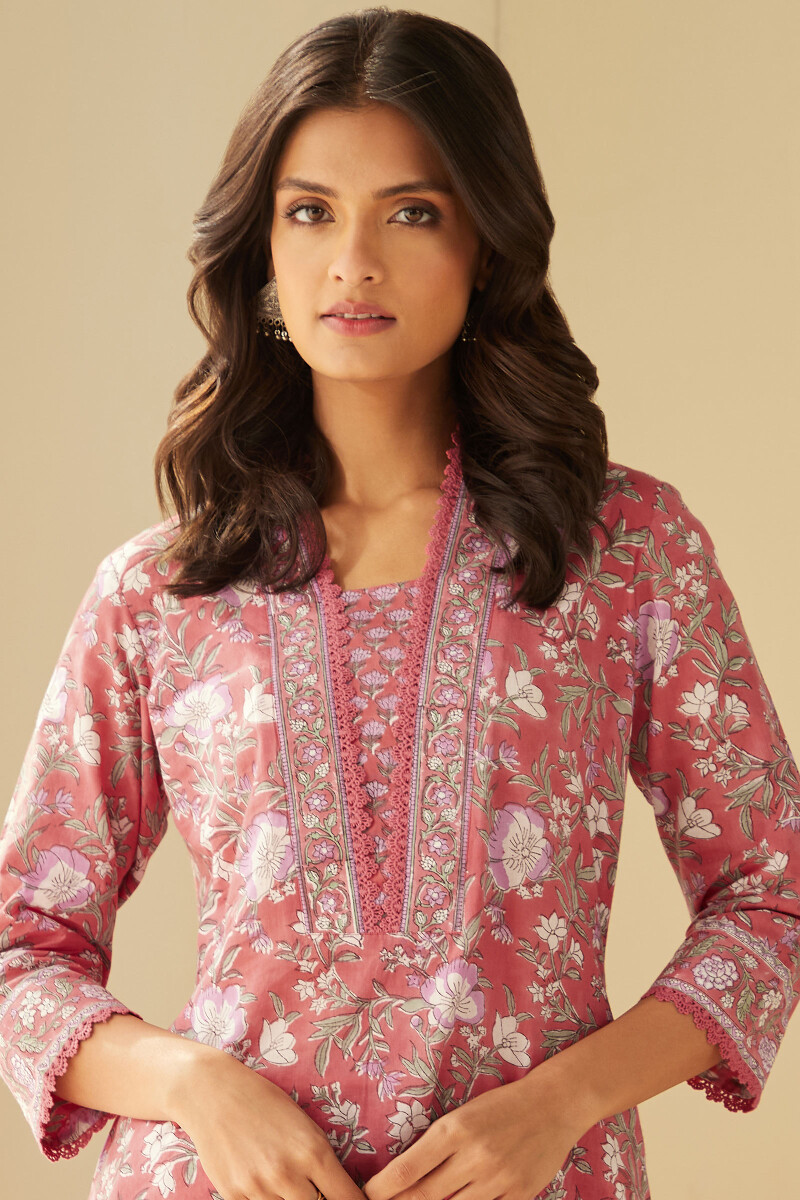 Pink Hand Block-Printed Straight Cotton Kurta