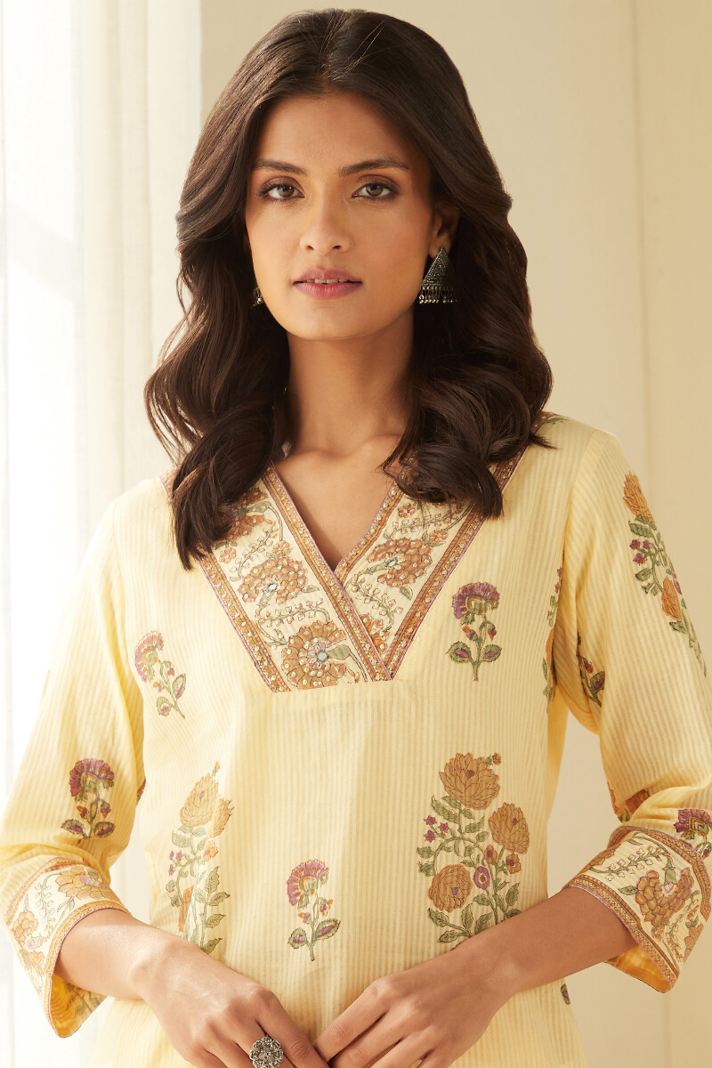 Beige Hand Block-Printed Straight Cotton Dobby Kurta