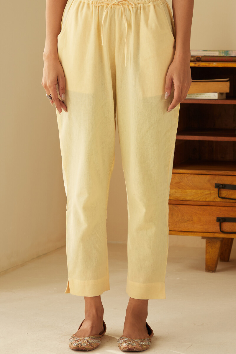Yellow Handcrafted Cotton Flax Narrow Pants