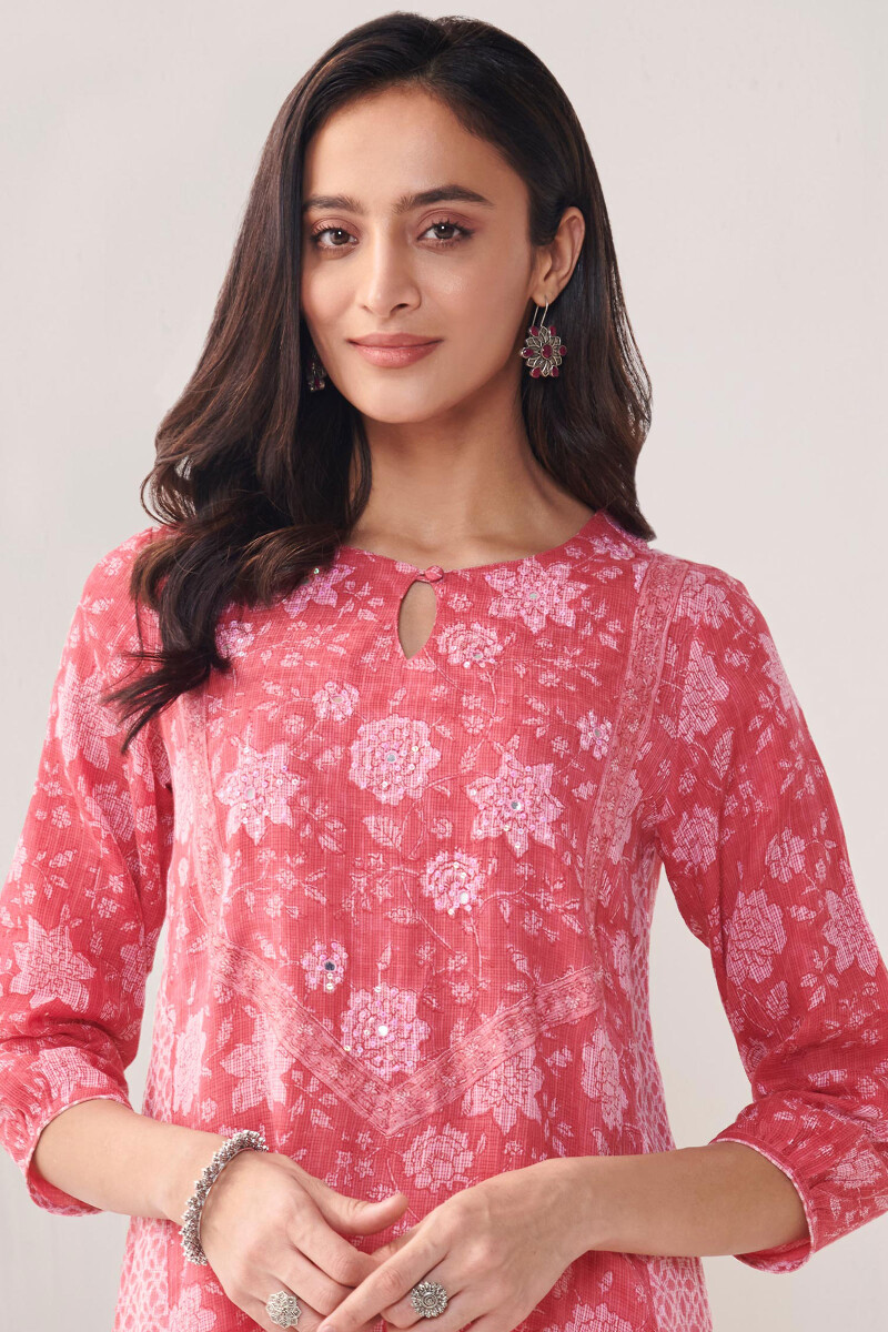 Pink Hand Block-Printed A-Line Kota Kurta