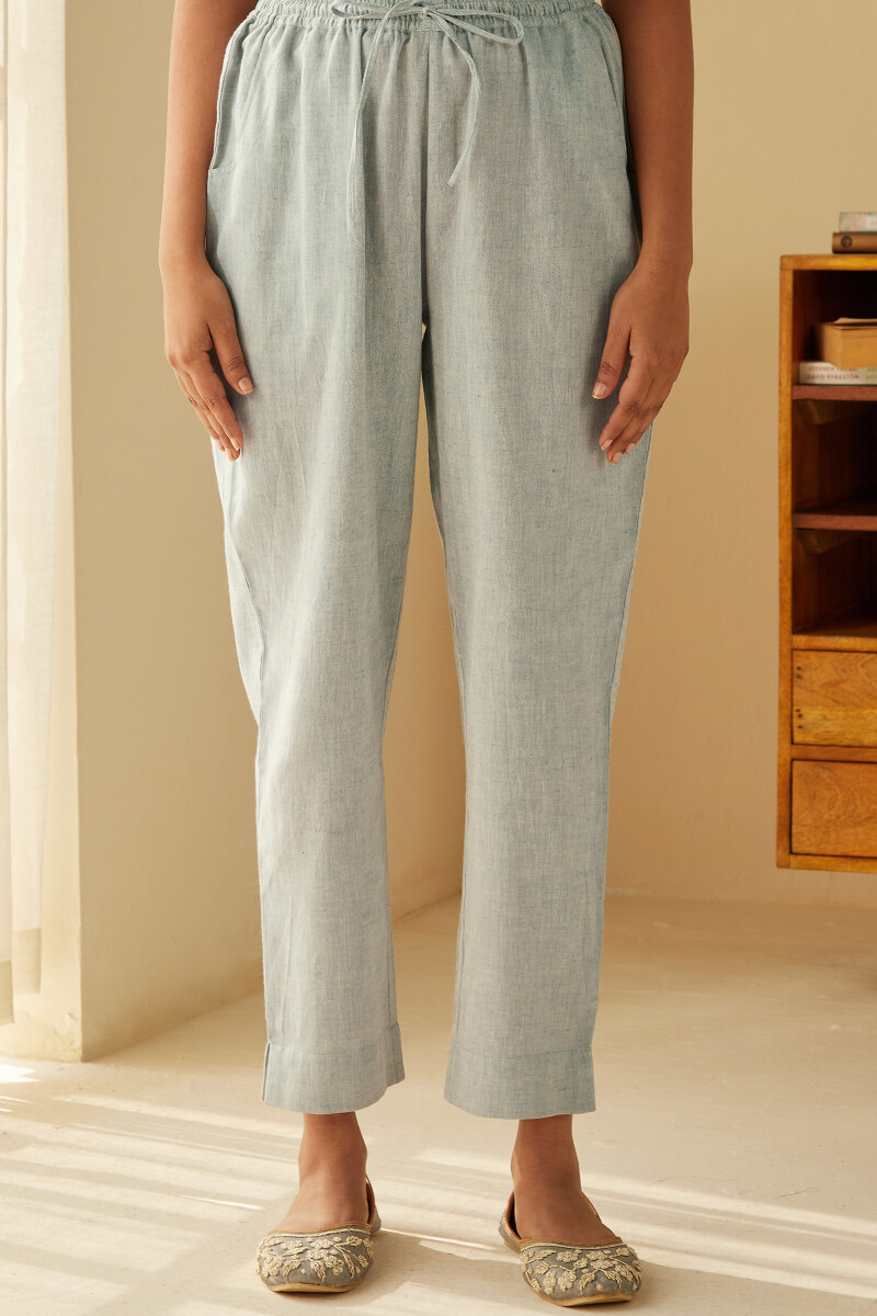 Blue Handcrafted Cotton Flax Narrow Pants
