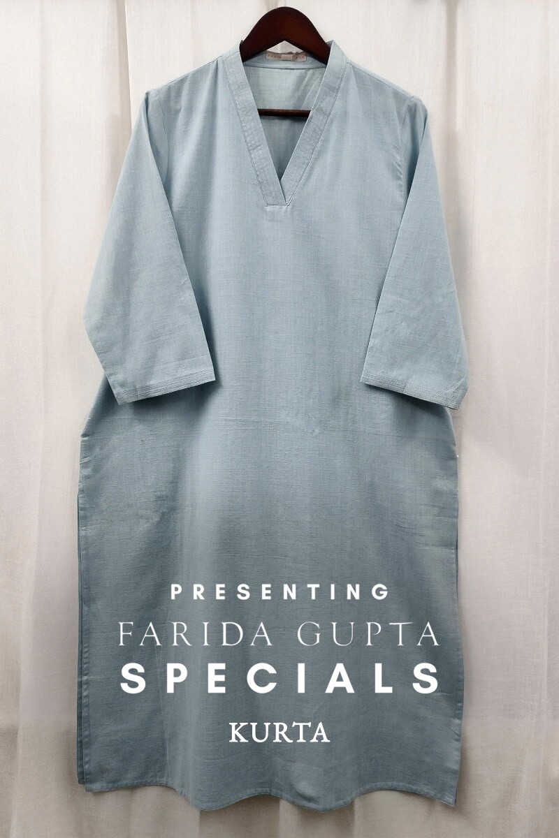 Ice Blue Handcrafted Straight Handloom Cotton Kurta
