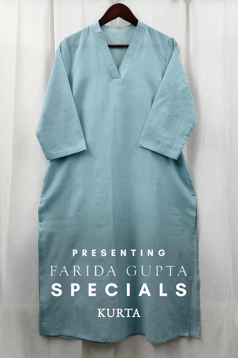 Turquoise Handcrafted Straight Handloom Cotton Kurta
