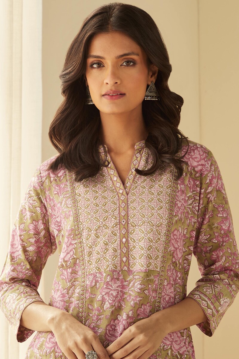 Green Hand Block-Printed Straight Cotton Kurta