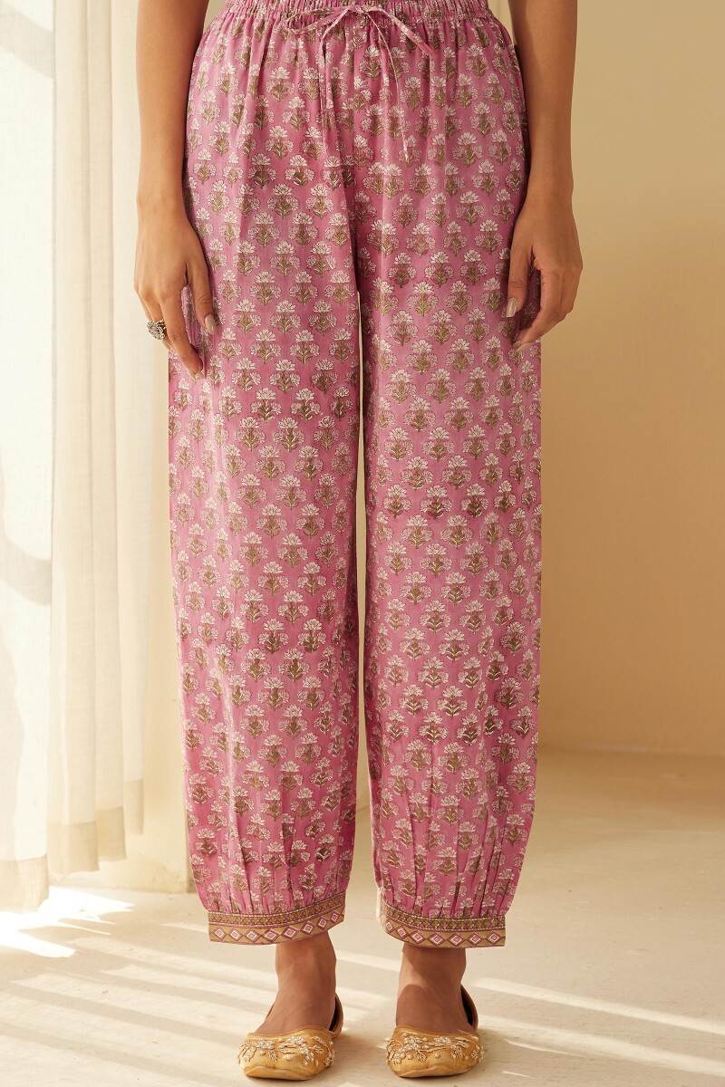 Pink Hand Block-Printed Cotton Izhaar Pants