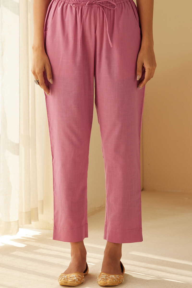 Pink Handcrafted Cotton Slub Narrow Pants