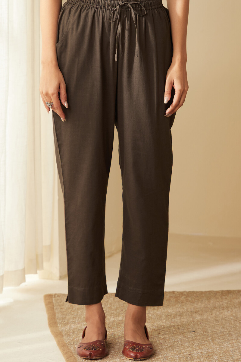 Brown Handcrafted Cotton Slub Narrow Pants